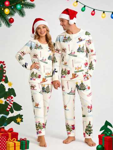 Festive Skiing Dogs & Christmas Tree Two-Piece Henley Neck Holiday Couple Pajamas