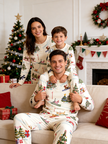 Festive Skiing Dogs & Christmas Tree Two-Piece Henley Neck Holiday Family Pajamas