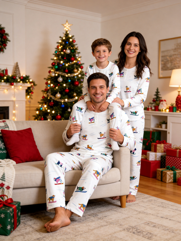 Playful Skiing Puppies Two-Piece Henley Neck Matching Family Christmas Sleepwear