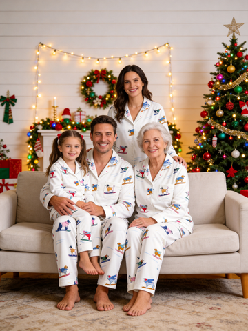 Playful Pups in Sweaters Skiing Neutral Matching Family Christmas PJs