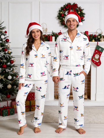 Playful Pups in Sweaters Skiing Neutral Matching Couple Christmas PJs