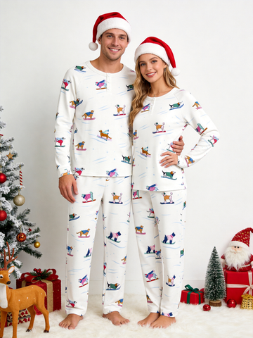 Playful Skiing Puppies Two-Piece Henley Neck Matching Couple Christmas Sleepwear