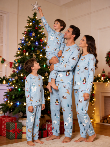 Winter Wonderland Polar Bear, Penguin & Reindeer Two-Piece Henley Neck Family PJs