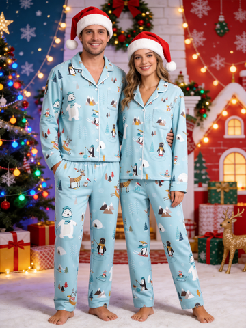 Nordic Arctic Animals & Igloo Scenic Winter Matching Couple Pajamas