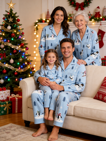Merry Penguins Ice Skating & Snowman Light Blue Family Sleepwear Set