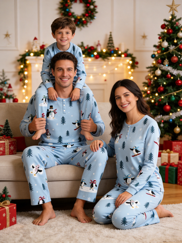 Cute Winter Snowman & Penguins Two-Piece Henley Neck Holiday Family Pajamas