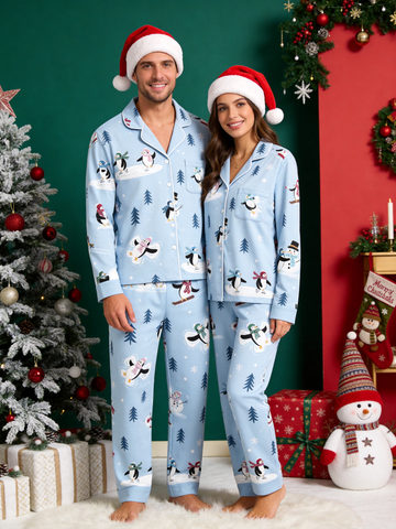 Merry Penguins Ice Skating & Snowman Light Blue Couple Sleepwear Set