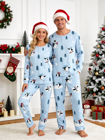 Cute Winter Snowman & Penguins Two-Piece Henley Neck Holiday Couple Pajamas