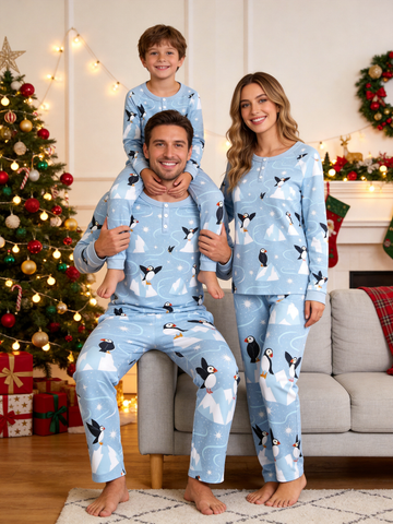 Charming Arctic Puffers & Icebergs Two-Piece Henley Neck Family PJs