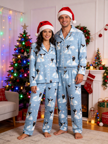 Arctic Puffins & Snowy Mountains Ice Blue Matching Couple Pajamas