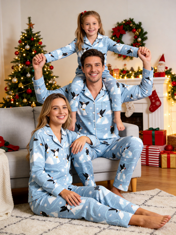 Arctic Puffins & Snowy Mountains Ice Blue Matching Family Pajamas
