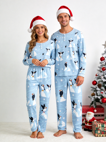 Charming Arctic Puffers & Icebergs Two-Piece Henley Neck Couple PJs