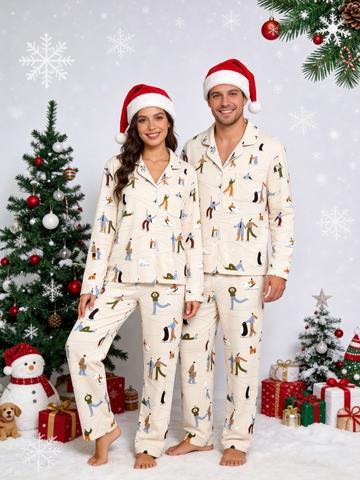Cozy Winter Skating Print Matching Couple Christmas Pajamas Set