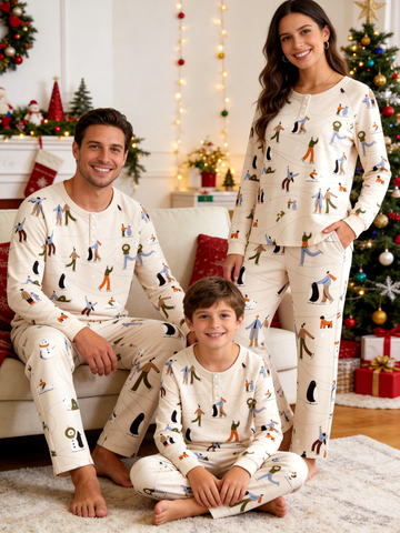 Cozy Winter Ice Skating & Penguins Two-Piece Henley Neck Matching Family Christmas Pajamas