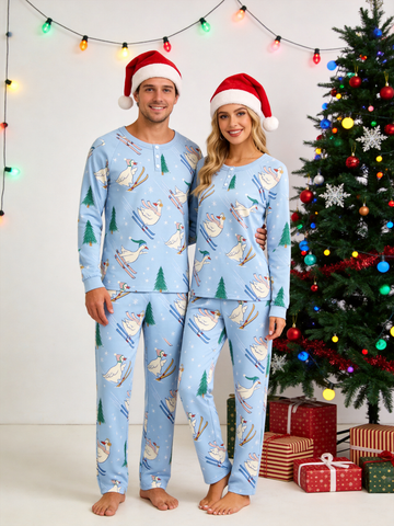 Festive Skiing Geese Print Two-Piece Henley Neck Holiday Couple Pajama Set