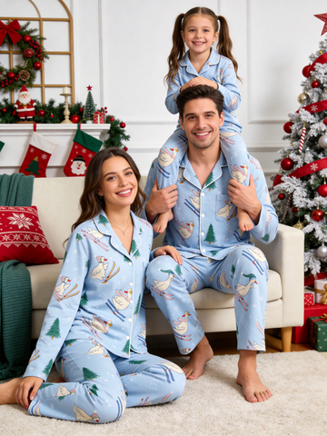 Festive Skiing Geese Print Holiday Family Pajama Set