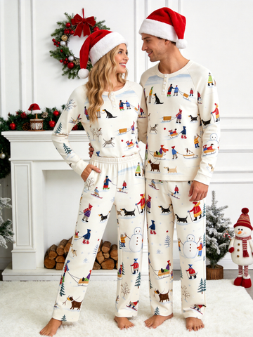 Hand-Drawn Winter Snowman & Dogs Two-Piece Henley Neck Holiday Couple Pajamas