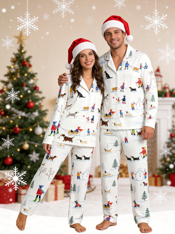 Hand-Drawn Winter Snowman & Dogs Holiday Couple Pajamas