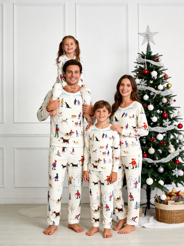 Hand-Drawn Winter Snowman & Dogs Two-Piece Henley Neck Holiday Family Pajamas