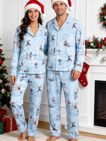 Whimsical Ice Skating Print Couple Matching PJs
