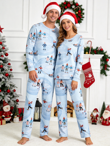 Whimsical Ice Skating Print Two-Piece Henley Neck Couple Matching PJs