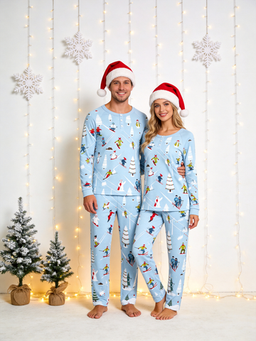 Playful Skiing Snowman & Trees Two-Piece Henley Neck Christmas Holiday Couple Sleepwear