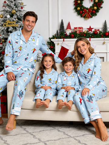 Playful Skiing Snowman & Trees Christmas Holiday Sleepwear