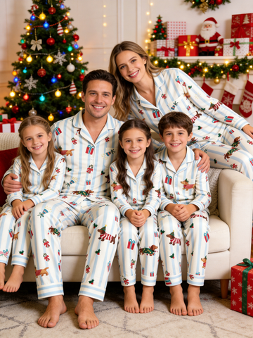 Chic Striped Dachshunds with Gifts Christmas Family Pajama Set