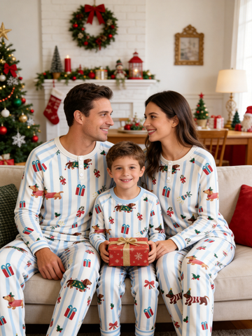 Chic Striped Dachshunds with Gifts Two-Piece Henley Neck Christmas Family Pajama Set