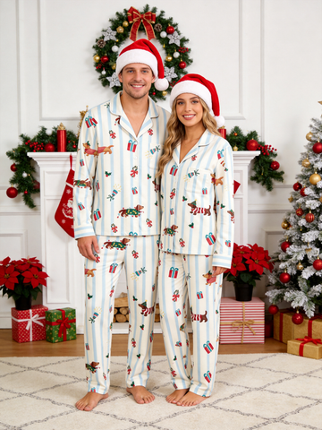 Chic Striped Dachshunds with Gifts Christmas Couple Pajama Set