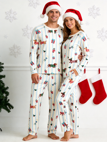 Chic Striped Dachshunds with Gifts Two-Piece Henley Neck Christmas Couple Pajama Set
