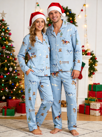 Retro Western Cowboy & Cactus Themed Couple Pajamas