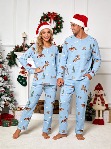 Retro Western Cowboy & Cactus Themed Two-Piece Henley Neck Couple Pajamas