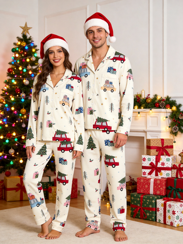 Cute Christmas Car & Tree Print Matching Couple Pajamas