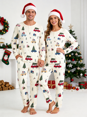 Festive Christmas Trees & Cars Print Two-Piece Henley Neck Matching Couple Christmas Pajamas