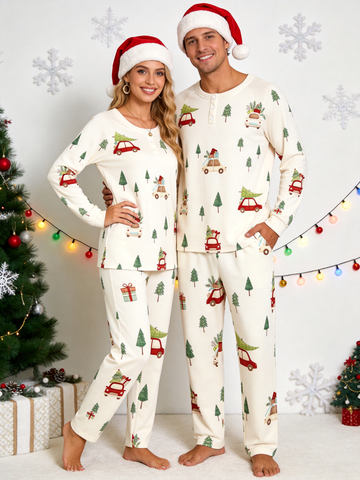 Charming Red Car with Christmas Tree Two-Piece Henley Neck Holiday Couple PJs