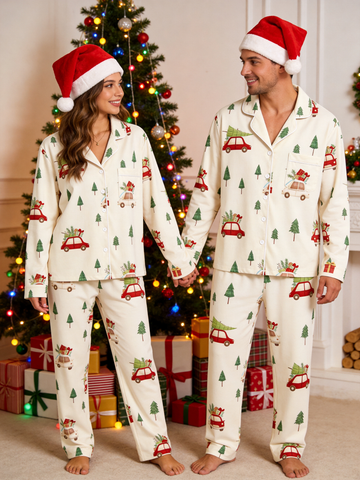Charming Red Car with Christmas Tree Holiday Couple PJs