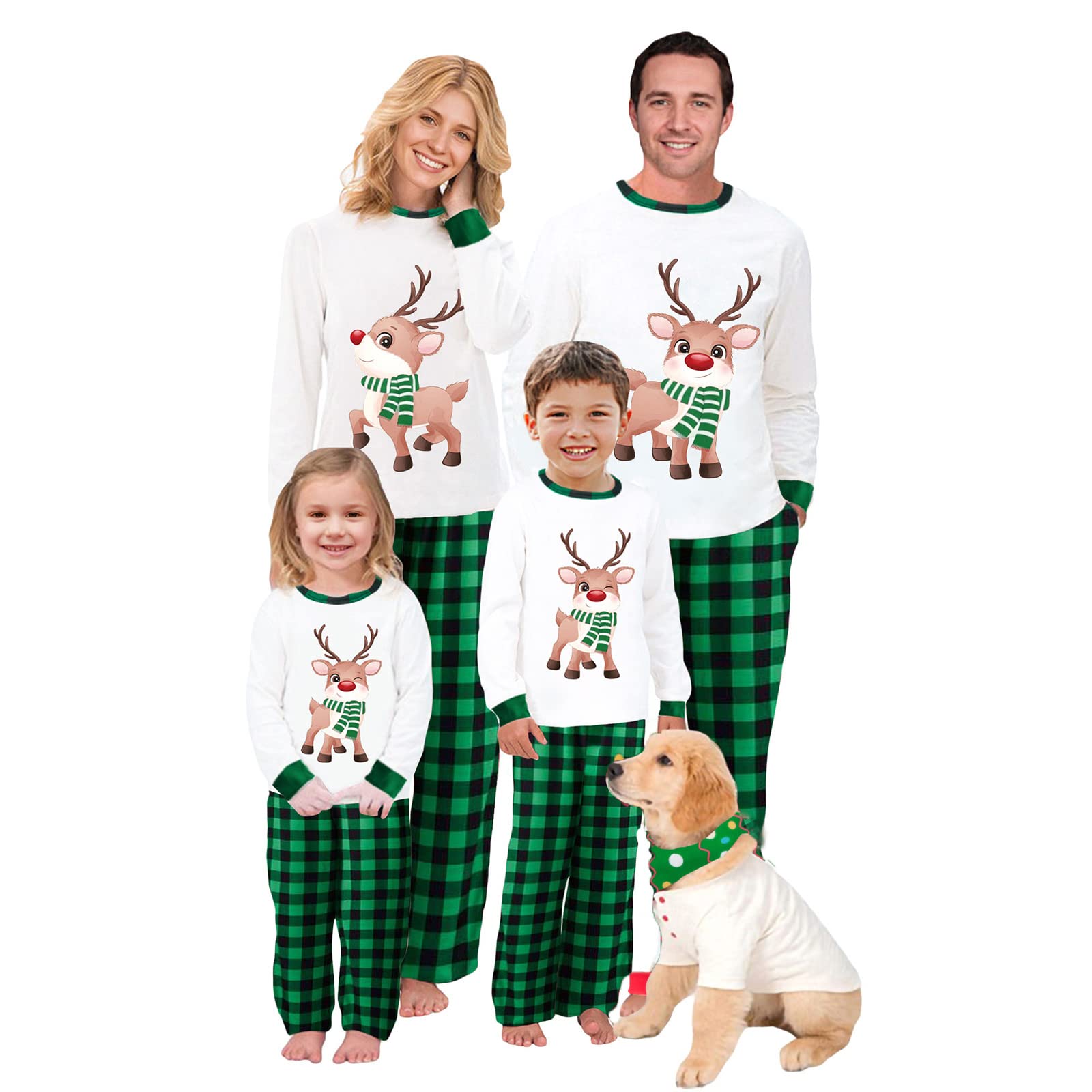 Christmas Long Sleeve Deer Print Black and Green Plaid Family Pajama Set