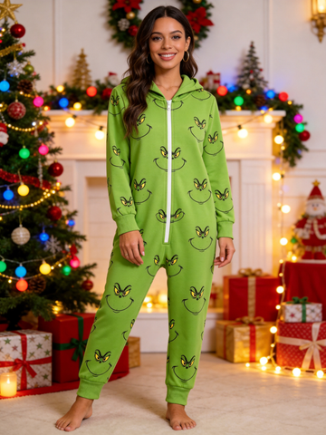 Cartoon Character Smirking Face Green Christmas Women Hooded Onesie - Zip-Up Loungewear