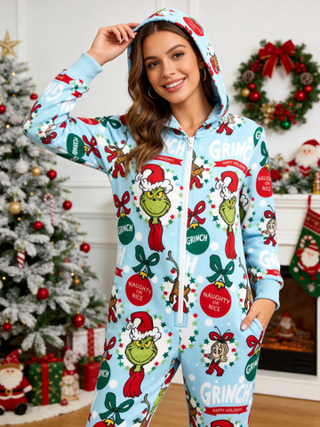 Cartoon Character 'Naughty or Nice' Blue Christmas Women Hooded Onesie - Zip-Up Loungewear