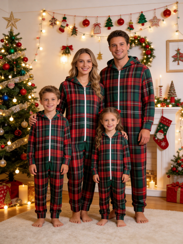Traditional Red & Green Plaid Hooded Holiday Jumpsuit Sleepwear