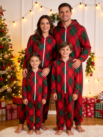 Red & Green Argyle Diamond Plaid Hooded Christmas Jumpsuit Pajama