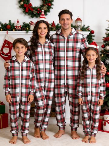 Family Matching Zip-Up Loungewear with Hood - White Tartan Plaid Christmas Sleepwear Hooded Onesie