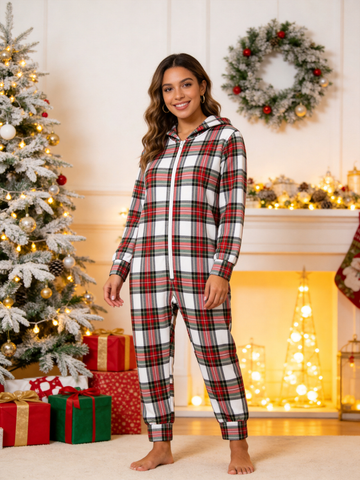 Women Zip-Up Loungewear with Hood - White Tartan Plaid Christmas Sleepwear Hooded Onesie
