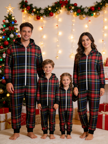 Family Matching Zip-Up Loungewear with Hood - Black Tartan Plaid Holiday Jumpsuit Hooded Onesie