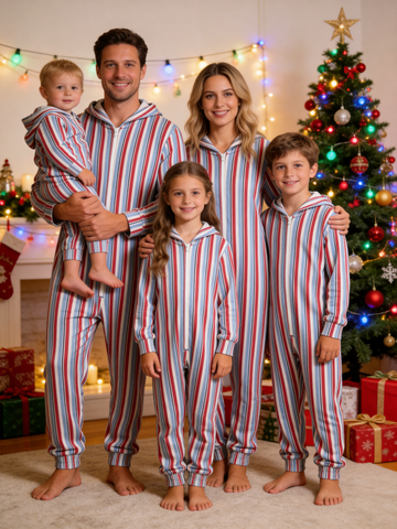 Family Matching Zip-Up Loungewear with Hood - Classic Striped Winter Romper Hooded Onesie