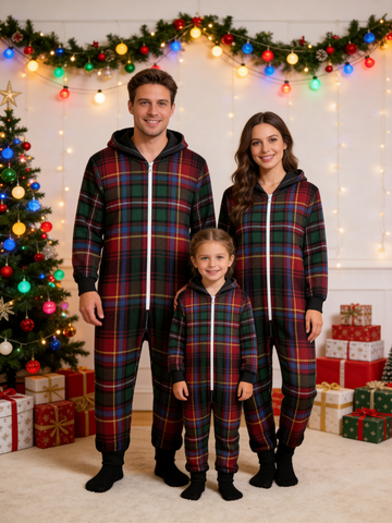 Family Matching Zip-Up Loungewear with Hood - Traditional Tartan Plaid Sleepwear Jumpsuit Hooded Onesie