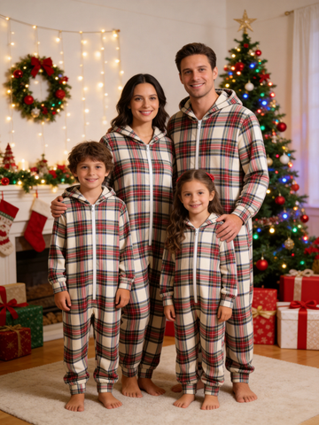 Family Matching Zip-Up Loungewear with Hood - Cream Plaid Winter Holiday Romper Hooded Onesie