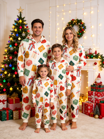 Family Matching Zip-Up Loungewear with Hood - Christmas Gift Boxes & Hearts Print Pajamas Hooded Onesie