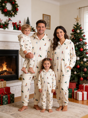 Family Hooded Onesie Christmas Zip-Up Loungewear - Cream Skiers & Winter Trees Print Pajamas